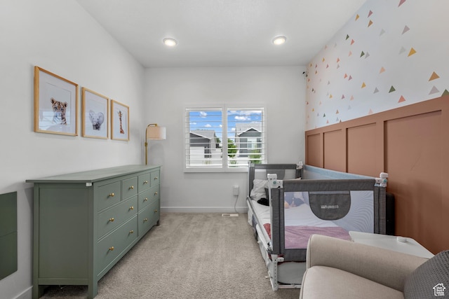 6613 S Ellerston Dr W, Murray, UT 84123 - bedroom with light carpet, wallpapered walls, baseboards, and recessed lighting