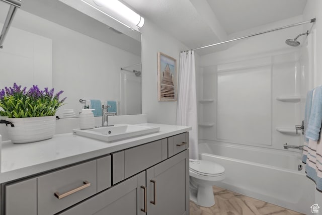 6613 S Ellerston Dr W, Murray, UT 84123 - bathroom with shower / tub combo, toilet, vanity, and marble look tiles