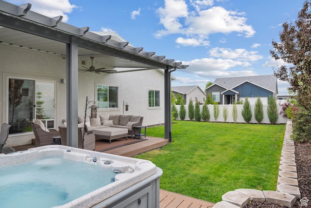 6613 S Ellerston Dr W, Murray, UT 84123 - view of yard with a deck, an outdoor hangout area, a ceiling fan, and a hot tub