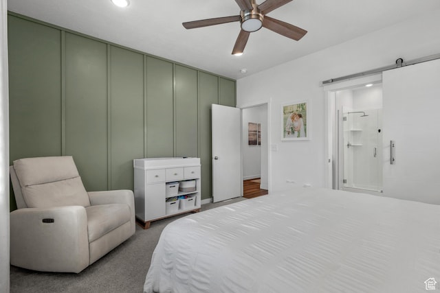 6613 S Ellerston Dr W, Murray, UT 84123 - bedroom featuring carpet floors, a barn door, recessed lighting, ensuite bath, and ceiling fan