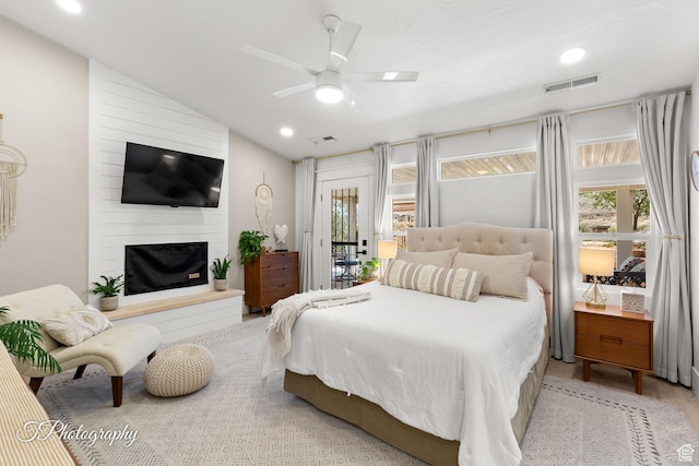 1360 E Telegraph St Unit 48, Washington, UT 84780 - bedroom featuring lofted ceiling, a fireplace, access to outside, a ceiling fan, and recessed lighting