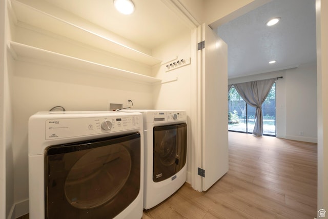 4604 S Woodduck Ln, Millcreek, UT 84117 - washroom with washing machine and clothes dryer, light wood finished floors, recessed lighting, and baseboards