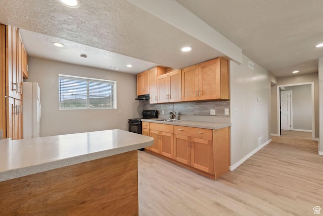 kitchen with black / electric stove, freestanding refrigerator, light wood-style flooring, light countertops, and a sink
