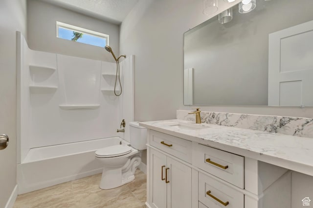full bath with toilet, vanity, shower / bath combination, and baseboards