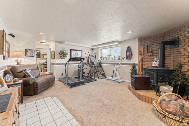6407 N Dry Fork Cyn W, Dry Fork, UT 84078 - workout area featuring a wood stove, carpet flooring, a textured ceiling, and recessed lighting