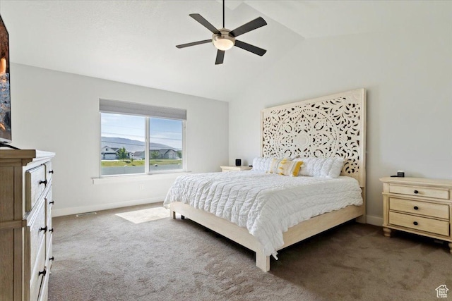 5118 N Blackbrush Dr, Eagle Mountain, UT 84005 - bedroom featuring dark colored carpet, vaulted ceiling, baseboards, and ceiling fan