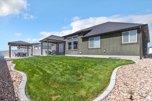 5118 N Blackbrush Dr, Eagle Mountain, UT 84005 - rear view of property with a gazebo, a shingled roof, a patio area, and stucco siding