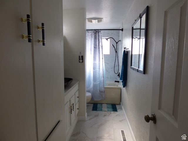 648 S 1350 E, Provo, UT 84606 - bathroom with toilet, shower / bath combo, vanity, marble look tiles, and baseboards