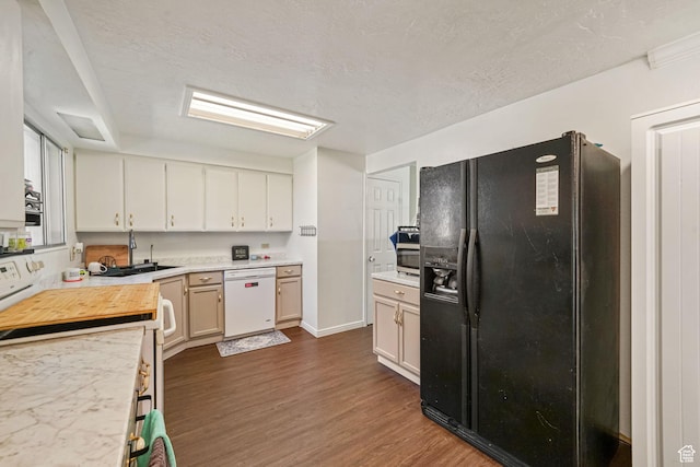 648 S 1350 E, Provo, UT 84606 - kitchen featuring white appliances, light countertops, dark wood-style flooring, and white cabinetry