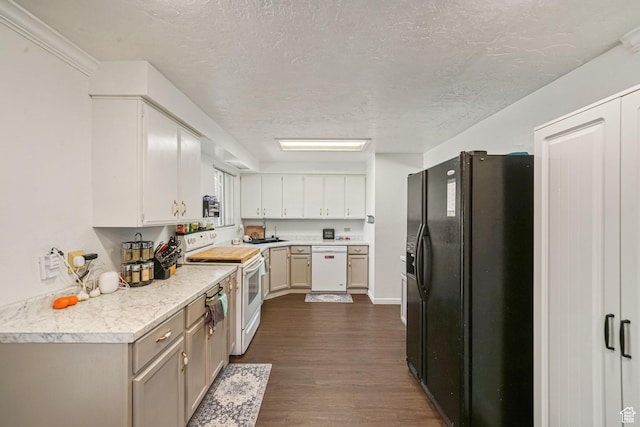 648 S 1350 E, Provo, UT 84606 - kitchen with white appliances, dark wood finished floors, a textured ceiling, light countertops, and white cabinets