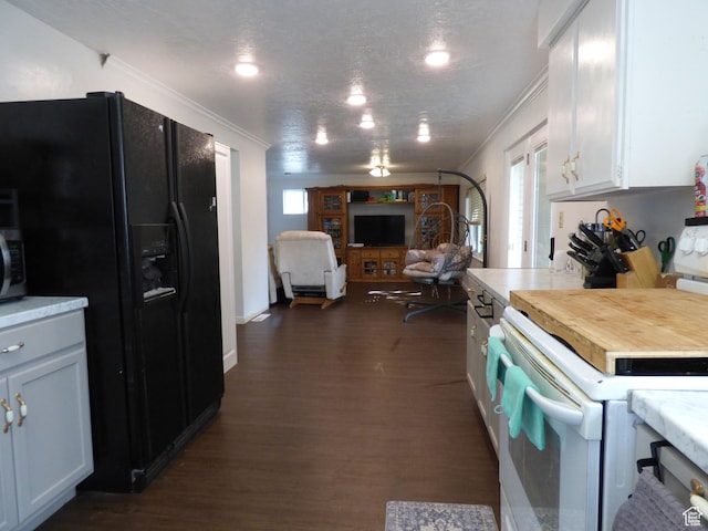 648 S 1350 E, Provo, UT 84606 - kitchen with black fridge with ice dispenser, white range with electric stovetop, crown molding, healthy amount of natural light, and dark wood finished floors