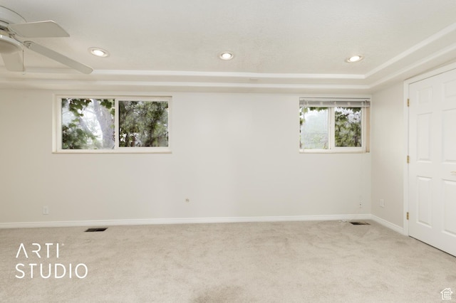 941 E Carnation Dr, Sandy, UT 84094 - empty room featuring carpet flooring, baseboards, recessed lighting, a tray ceiling, and a ceiling fan