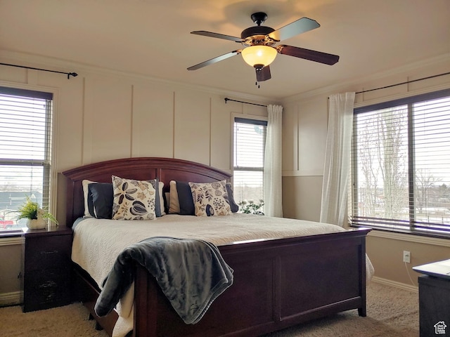 465 N 100th St E, Millville, UT 84326 - bedroom with light carpet, baseboards, crown molding, and a ceiling fan