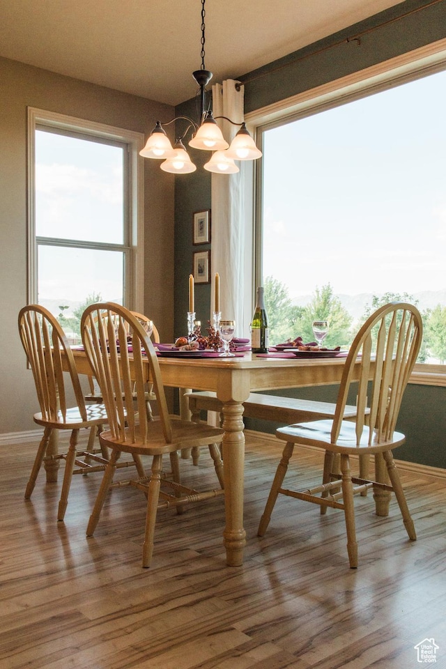 465 N 100th St E, Millville, UT 84326 - dining space featuring a chandelier, baseboards, and wood finished floors