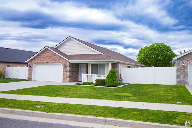 single story home with covered porch, brick siding, a garage, driveway, and roof with shingles
