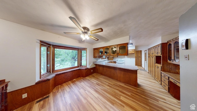 662 N 1600 E, Preston, ID 83263 - kitchen with a peninsula, brown cabinets, light wood-type flooring, glass insert cabinets, and light countertops