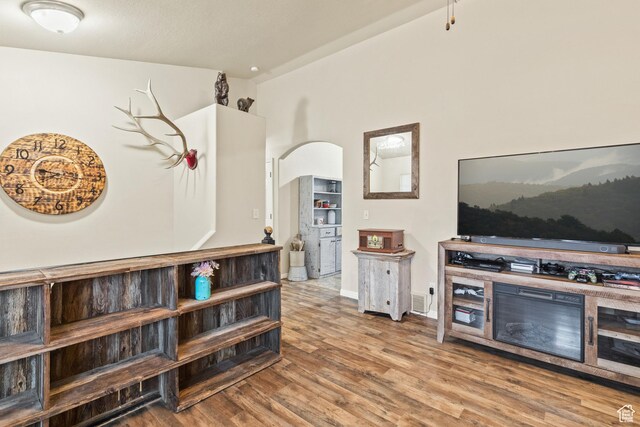 78 N Peach St E, Santaquin, UT 84655 - living room featuring wood finished floors and arched walkways