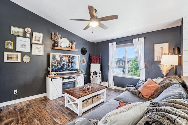 517 E Canyon View Dr N, Ogden, UT 84404 - living room with baseboards, dark wood finished floors, lofted ceiling, and a ceiling fan