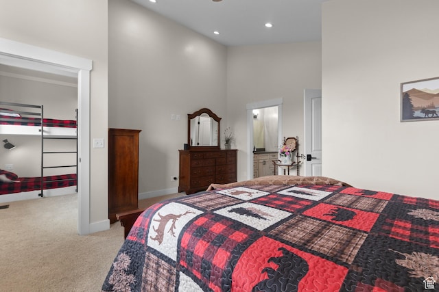 22 Old Ranch Rd, Montpelier, ID 83254 - carpeted bedroom with a towering ceiling, recessed lighting, baseboards, and ensuite bath