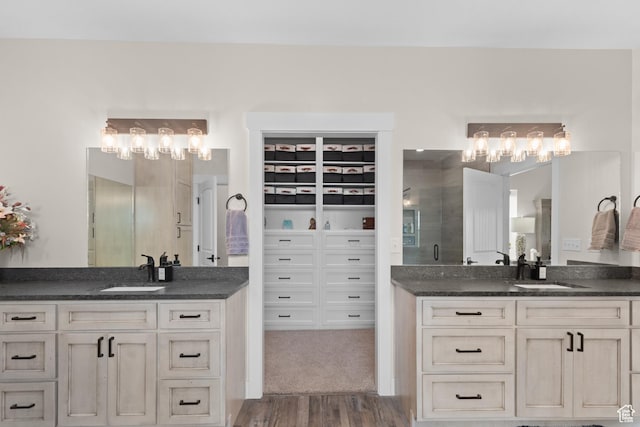 22 Old Ranch Rd, Montpelier, ID 83254 - bathroom featuring wood finished floors, two vanities, a shower stall, and a walk in closet