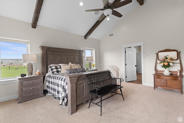22 Old Ranch Rd, Montpelier, ID 83254 - bedroom with light carpet, beam ceiling, high vaulted ceiling, baseboards, and recessed lighting