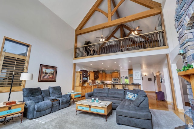 861 N 1100 E, Pleasant Grove, UT 84062 - living area featuring high vaulted ceiling, ceiling fan, and light wood-style floors