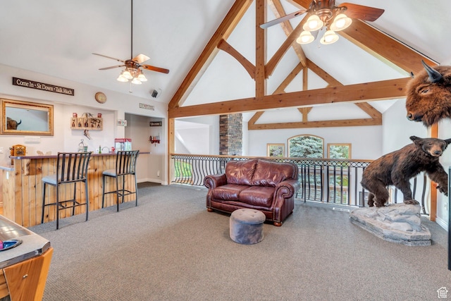 861 N 1100 E, Pleasant Grove, UT 84062 - carpeted living room featuring ceiling fan, high vaulted ceiling, beam ceiling, baseboards, and a dry bar