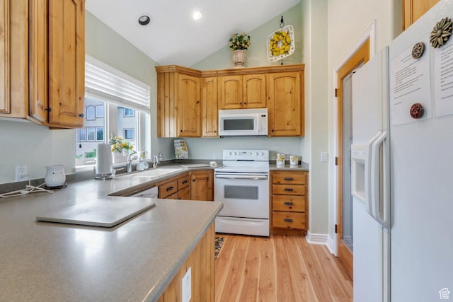 861 N 1100 E, Pleasant Grove, UT 84062 - kitchen featuring white appliances, a sink, light wood-style flooring, lofted ceiling, and light countertops