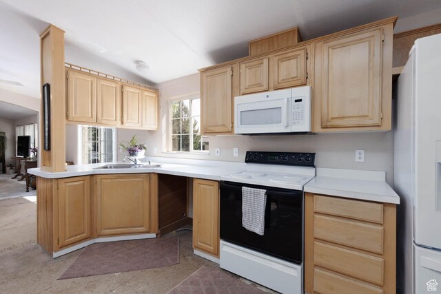 1090 N 200 E, Ferron, UT 84523 - kitchen featuring white appliances, light brown cabinets, a sink, light countertops, and lofted ceiling