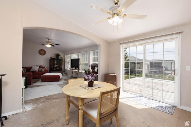 1090 N 200 E, Ferron, UT 84523 - dining area with a ceiling fan, arched walkways, lofted ceiling, and baseboards