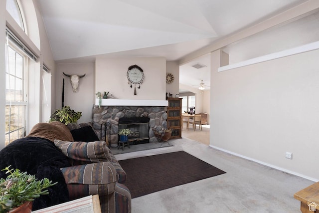 1090 N 200 E, Ferron, UT 84523 - carpeted living room featuring lofted ceiling, a fireplace, ceiling fan, and baseboards