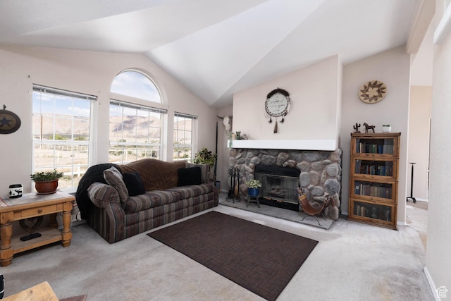 1090 N 200 E, Ferron, UT 84523 - living area with carpet floors, lofted ceiling, and a stone fireplace