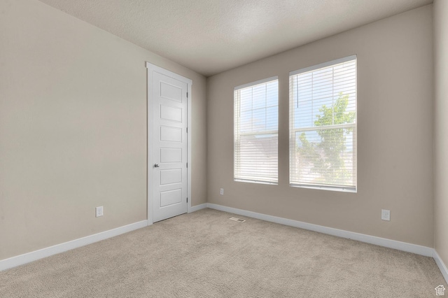 unfurnished room featuring light carpet, baseboards, and a textured ceiling