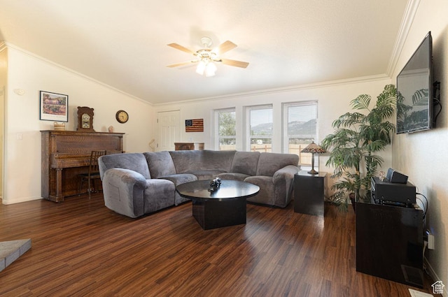 5177 W 1525 S, Cedar City, UT 84720 - living area with a ceiling fan, dark wood-type flooring, crown molding, and vaulted ceiling