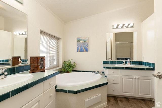 5177 W 1525 S, Cedar City, UT 84720 - full bath with crown molding, a shower stall, wood finished floors, two vanities, and a bath