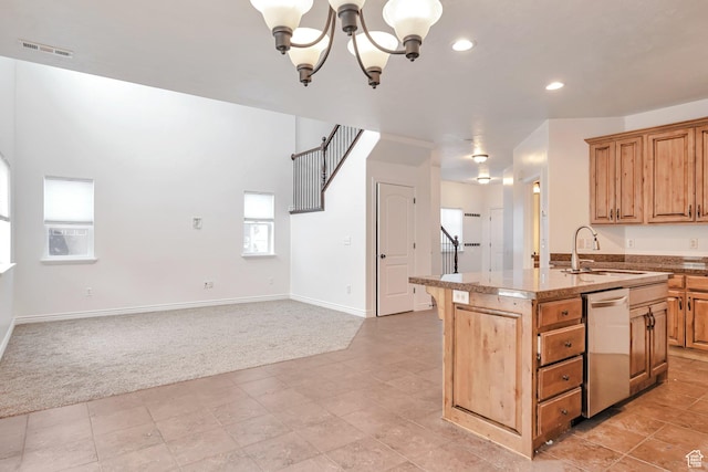 845 S 1840 W, Orem, UT 84059 - kitchen featuring light colored carpet, stainless steel dishwasher, a sink, a chandelier, and a center island with sink