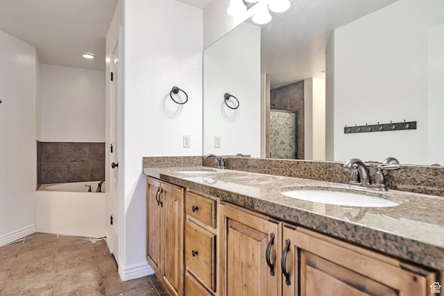 845 S 1840 W, Orem, UT 84059 - bathroom with baseboards, a tile shower, a garden tub, double vanity, and stone finish flooring