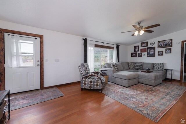3820 W Main St, Vernal, UT 84078 - living room featuring wood finished floors, ceiling fan, lofted ceiling, and baseboards
