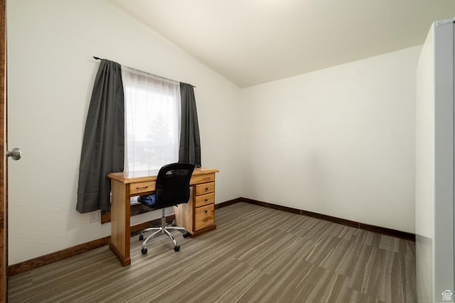 3820 W Main St, Vernal, UT 84078 - home office with lofted ceiling, light carpet, and baseboards