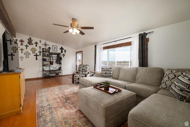 3820 W Main St, Vernal, UT 84078 - living area with a ceiling fan, lofted ceiling, wood finished floors, and baseboards