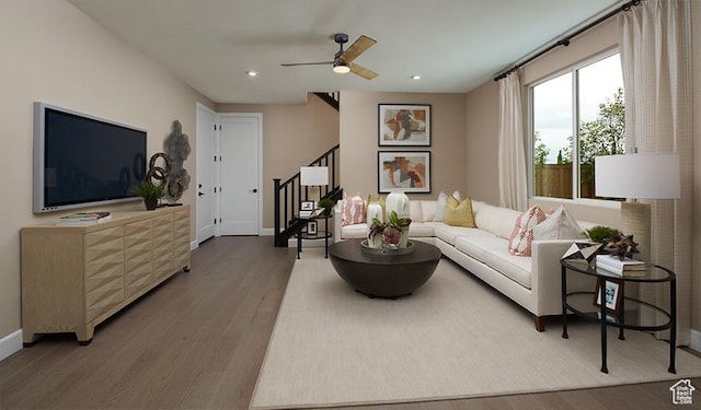 1065 W 400th St S Unit 45, Brigham City, UT 84302 - living area featuring wood finished floors, stairs, baseboards, recessed lighting, and a ceiling fan