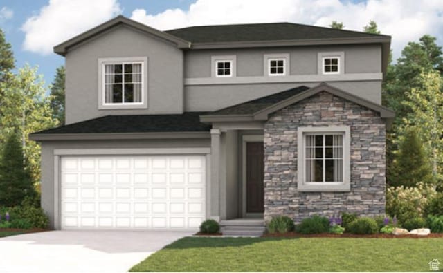 1065 W 400th St S Unit 45, Brigham City, UT 84302 - view of front facade with stone siding, stucco siding, an attached garage, and concrete driveway