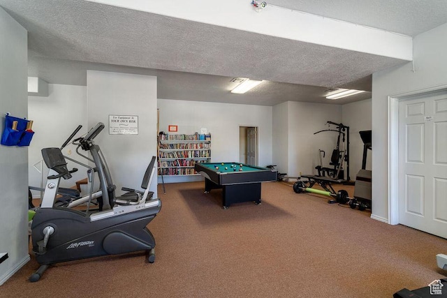recreation room with carpet flooring, a textured ceiling, pool table, and baseboards