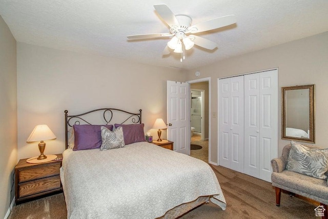 bedroom featuring carpet flooring, a closet, and a ceiling fan