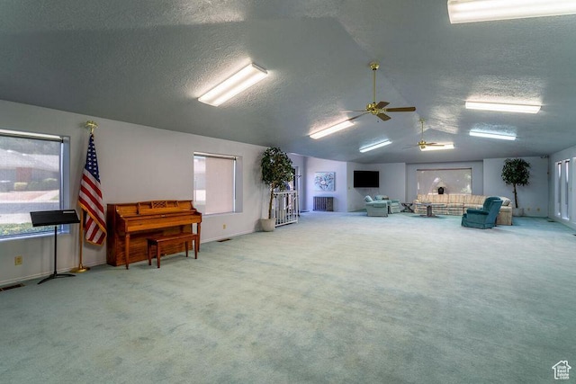 miscellaneous room featuring a ceiling fan, a textured ceiling, carpet floors, lofted ceiling, and baseboards