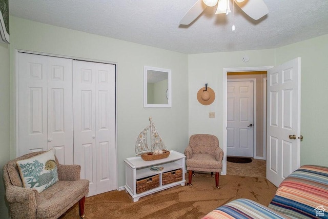 bedroom featuring a closet, carpet, and ceiling fan
