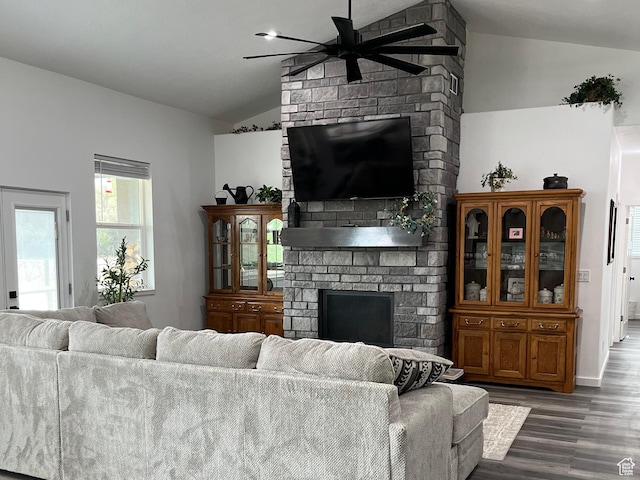 365 N 100 E, Ferron, UT 84523 - living area featuring lofted ceiling, a ceiling fan, a fireplace, and wood finished floors