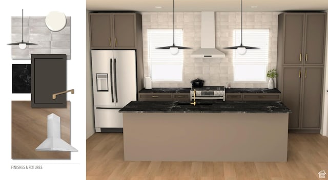 1380 S 900 W Unit 1, Salt Lake City, UT 84104 - kitchen featuring fridge with ice dispenser, wall chimney range hood, dark stone counters, and an island with sink