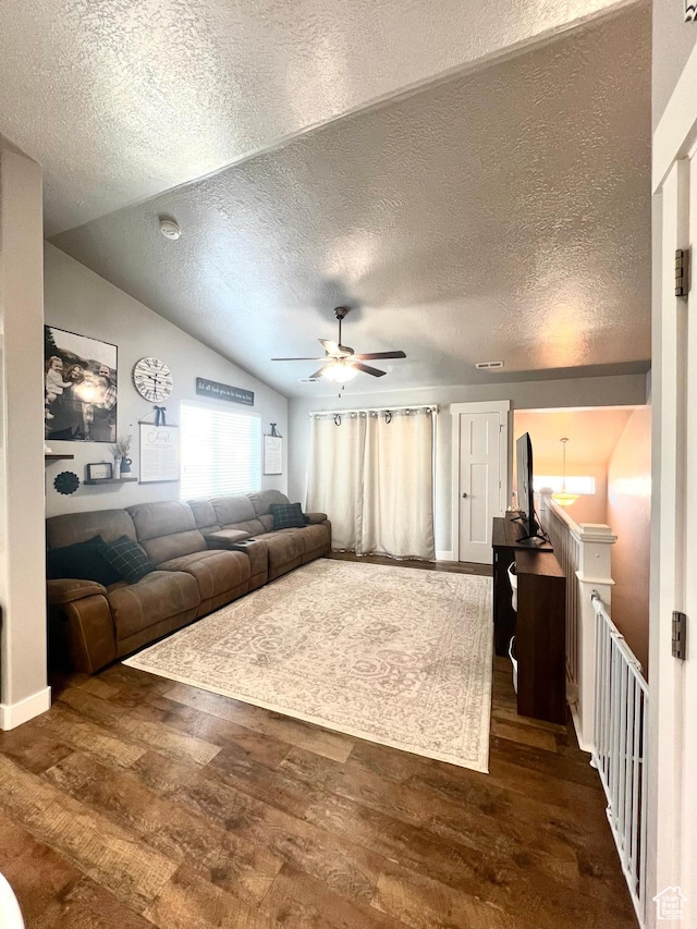 2497 W 500 S Unit 3, Springville, UT 84663 - living area with wood finished floors, a ceiling fan, a textured ceiling, and vaulted ceiling
