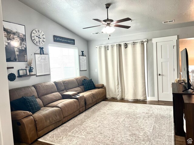 2497 W 500 S Unit 3, Springville, UT 84663 - living area with vaulted ceiling, wood finished floors, ceiling fan, and a textured ceiling